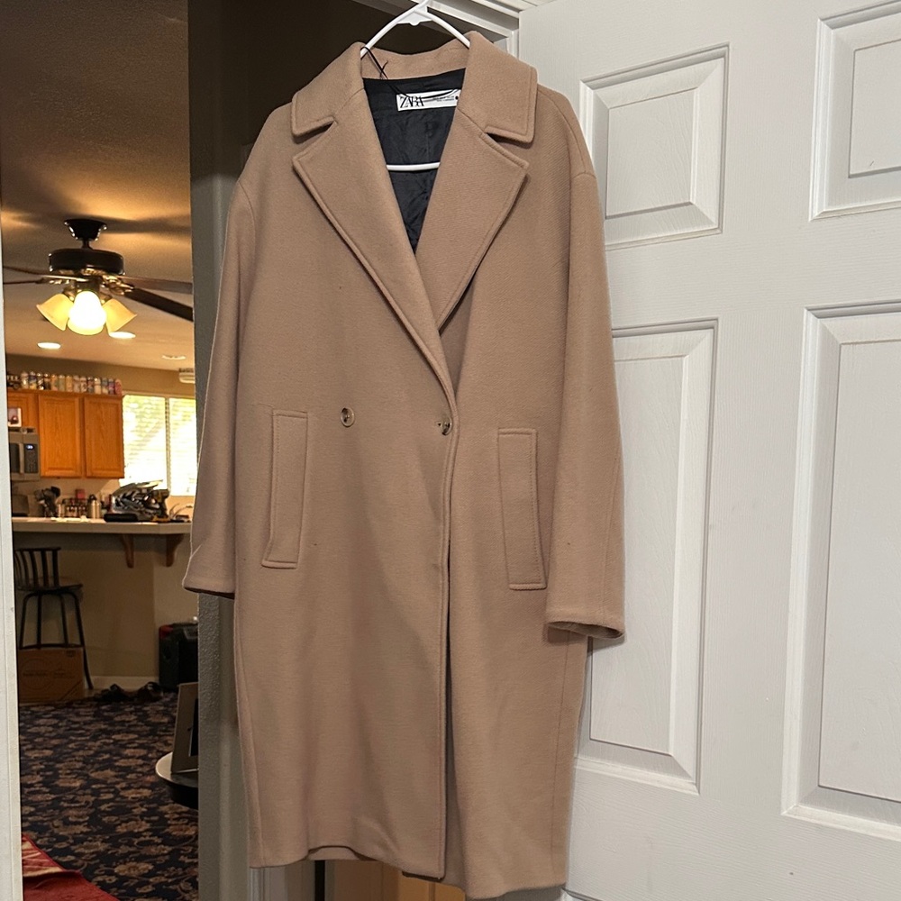 ZARA-Women's Tan Double-Breasted Coat